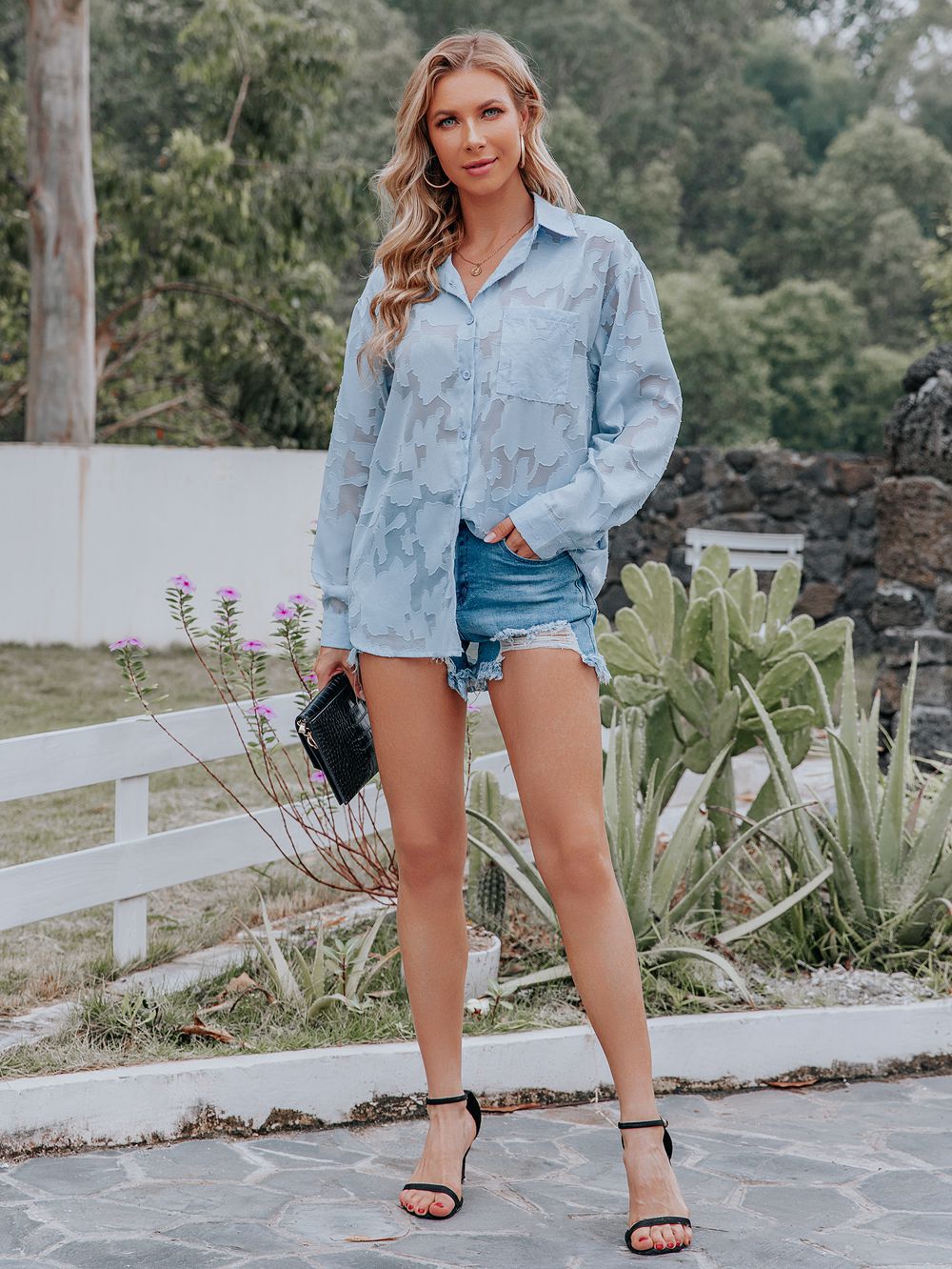 Blaue gemusterte Bluse für Damen