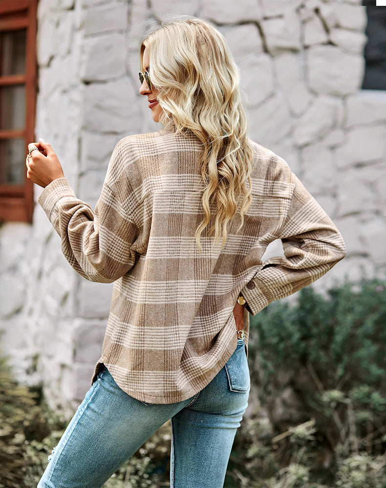 Beige karierte Damenbluse